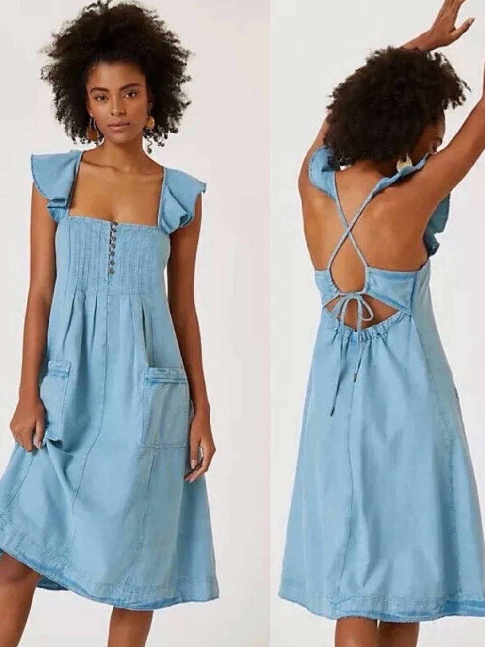 Pilcro Anthropologie Chambray Denim Midi Dress XS Ruffle Sleeve Open Back